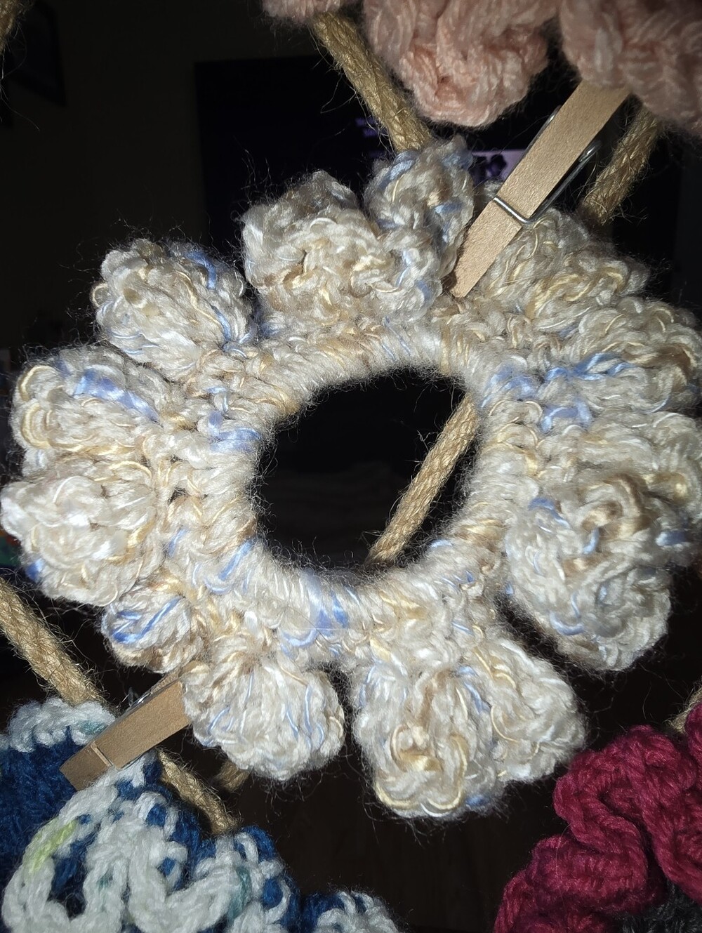 Handmade Cream & Light Blue Crochet Flower Hair Scrunchie